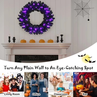 Costway 24inch Pre-lit Christmas Halloween Wreath Black W/ 35 Purple LED Lights 6 Costway 24inch Pre-lit Christmas Halloween Wreath Black W/ 35 Purple LED Lights - Image 4