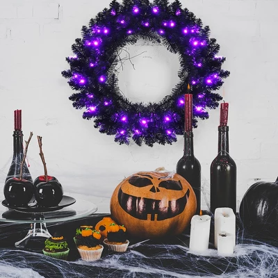 Costway 24inch Pre-lit Christmas Halloween Wreath Black W/ 35 Purple LED Lights 3 Costway 24inch Pre-lit Christmas Halloween Wreath Black W/ 35 Purple LED Lights