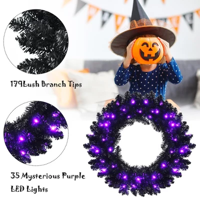 Costway 24inch Pre-lit Christmas Halloween Wreath Black W/ 35 Purple LED Lights 7 Costway 24inch Pre-lit Christmas Halloween Wreath Black W/ 35 Purple LED Lights - Image 5