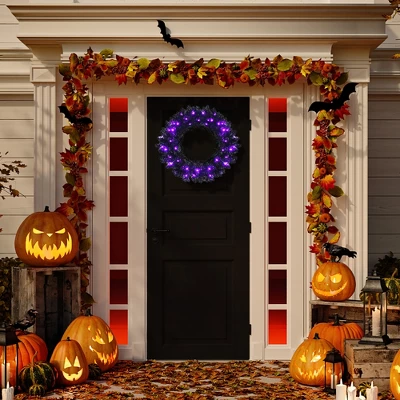 Costway 24inch Pre-lit Christmas Halloween Wreath Black W/ 35 Purple LED Lights 4 Costway 24inch Pre-lit Christmas Halloween Wreath Black W/ 35 Purple LED Lights - Image 2