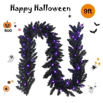 Costway 9ft Pre-lit Christmas Halloween Garland Black W/ 50 Purple LED Lights 5 Costway 9ft Pre-lit Christmas Halloween Garland Black W/ 50 Purple LED Lights - Image 3