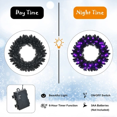 Costway 24inch Pre-lit Christmas Halloween Wreath Black W/ 35 Purple LED Lights 8 Costway 24inch Pre-lit Christmas Halloween Wreath Black W/ 35 Purple LED Lights - Image 6